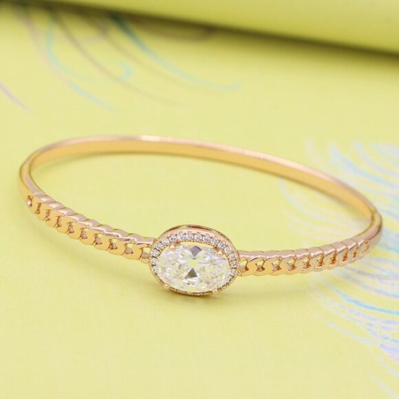 Oval Stone Rose Gold Bangle with Chain-Style Detailing, XPBL0443 - Picture 6 of 12